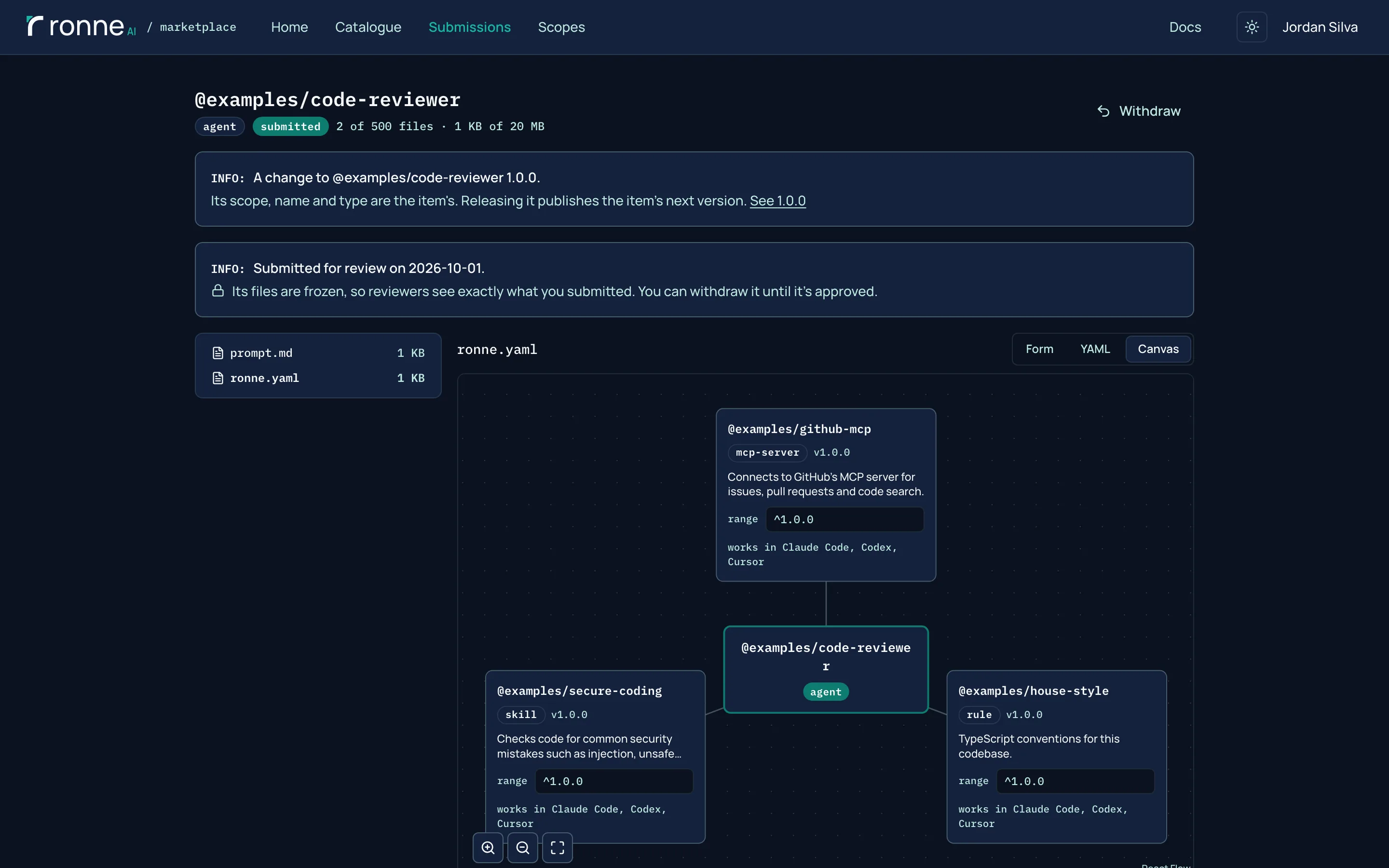 The Canvas view of a submitted change to the agent @examples/code-reviewer: the agent in the middle, joined to the skill, rule and MCP server it uses, each with its version range.