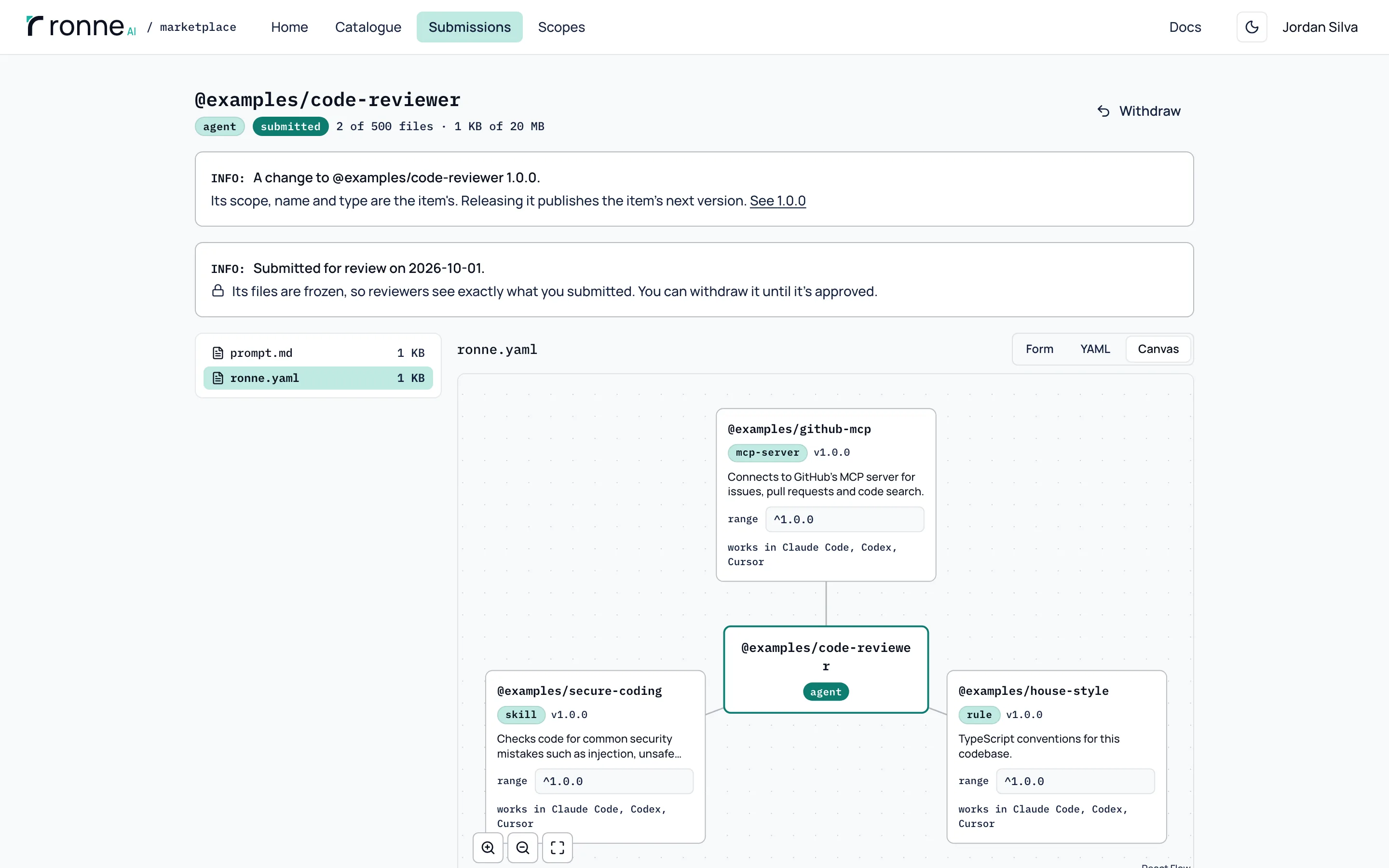 The Canvas view of a submitted change to the agent @examples/code-reviewer: the agent in the middle, joined to the skill, rule and MCP server it uses, each with its version range.