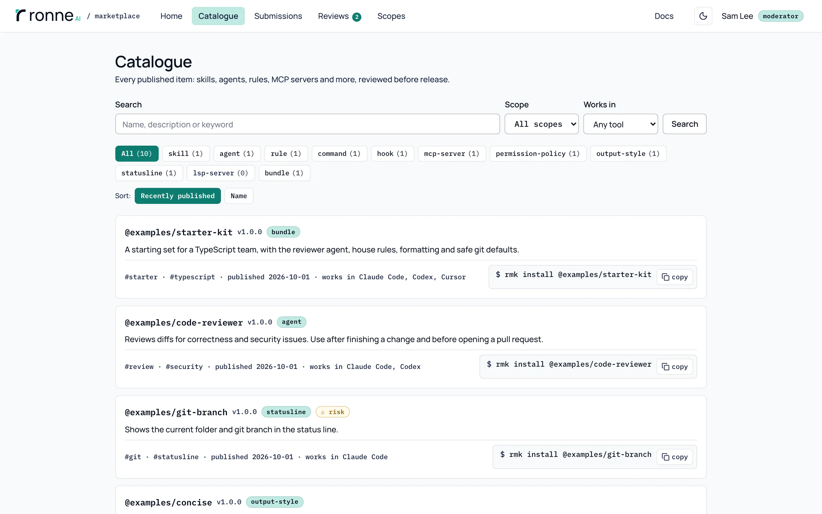 The catalogue: a search field, filters by scope, tool and type, and the released items, each with its install command.