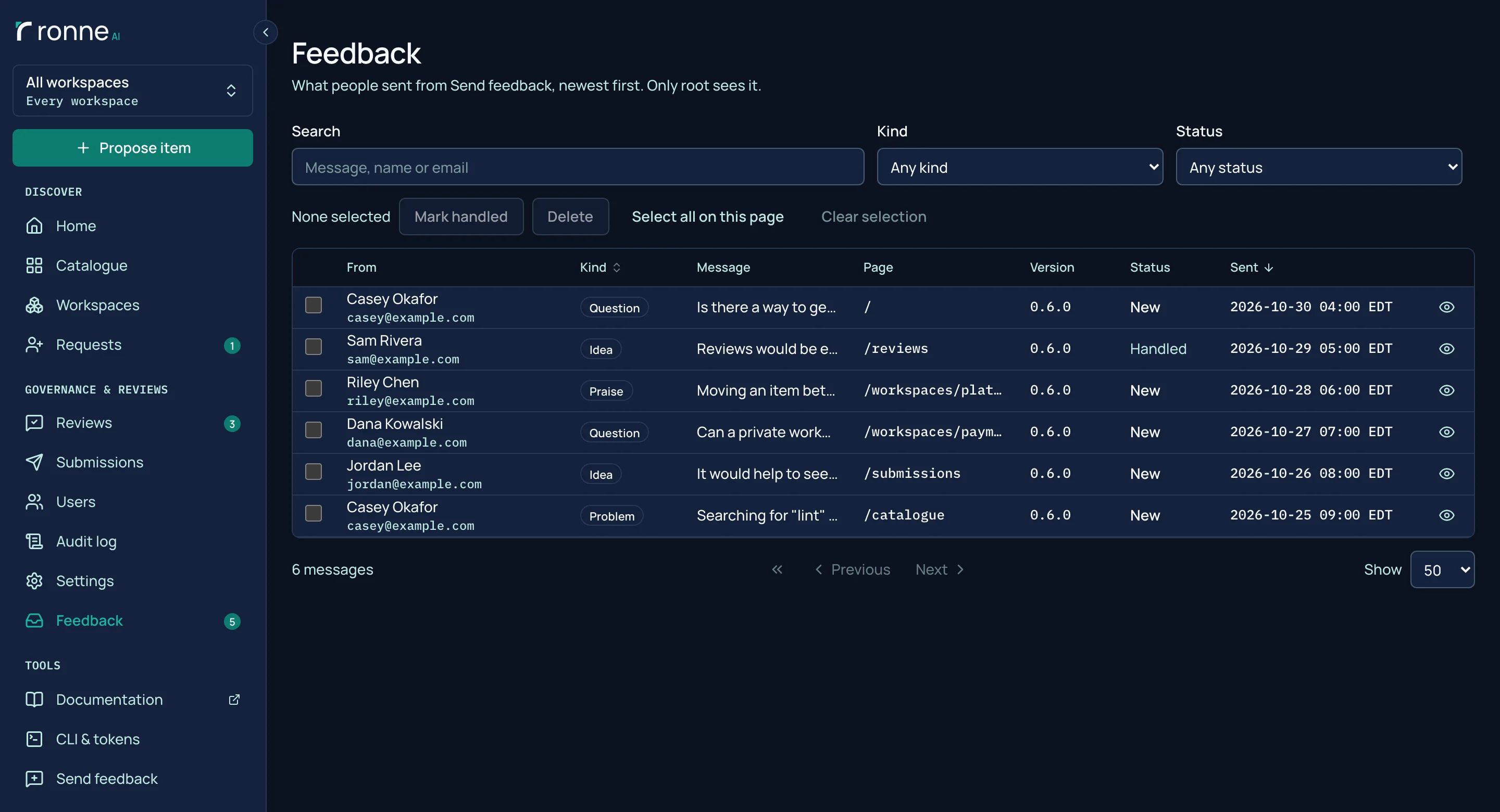 Admin › Feedback pour root : un tableau de messages avec expéditeur, type, page, version et heure, filtré par type et par statut.