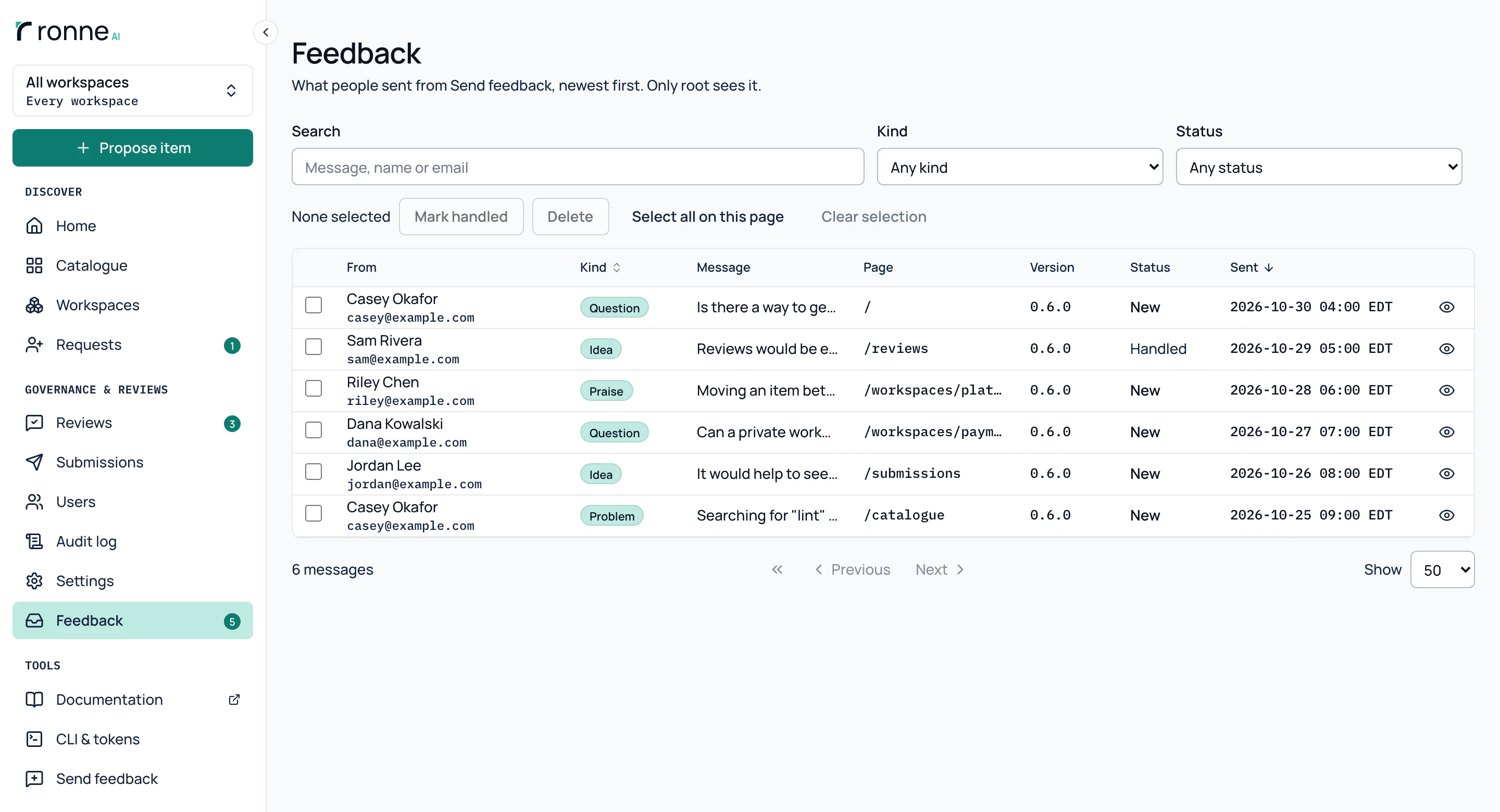 Admin › Feedback pour root : un tableau de messages avec expéditeur, type, page, version et heure, filtré par type et par statut.