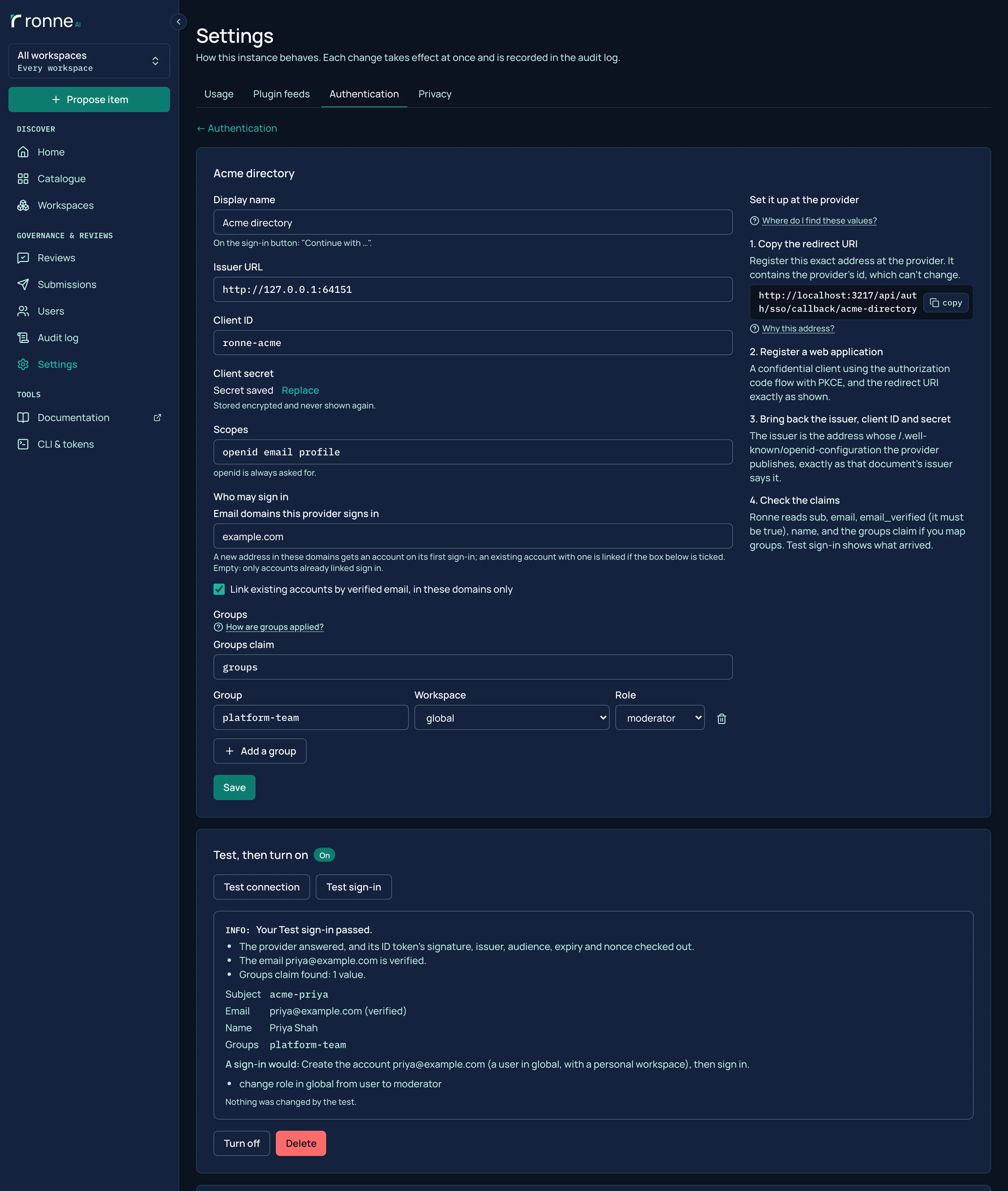 A página do provedor de identidade Acme directory: o emissor, o cliente e os domínios, um grupo mapeado para um papel em um espaço de trabalho, os passos para configurá-lo no provedor e um Test sign-in aprovado que mostra a conta que seria criada.