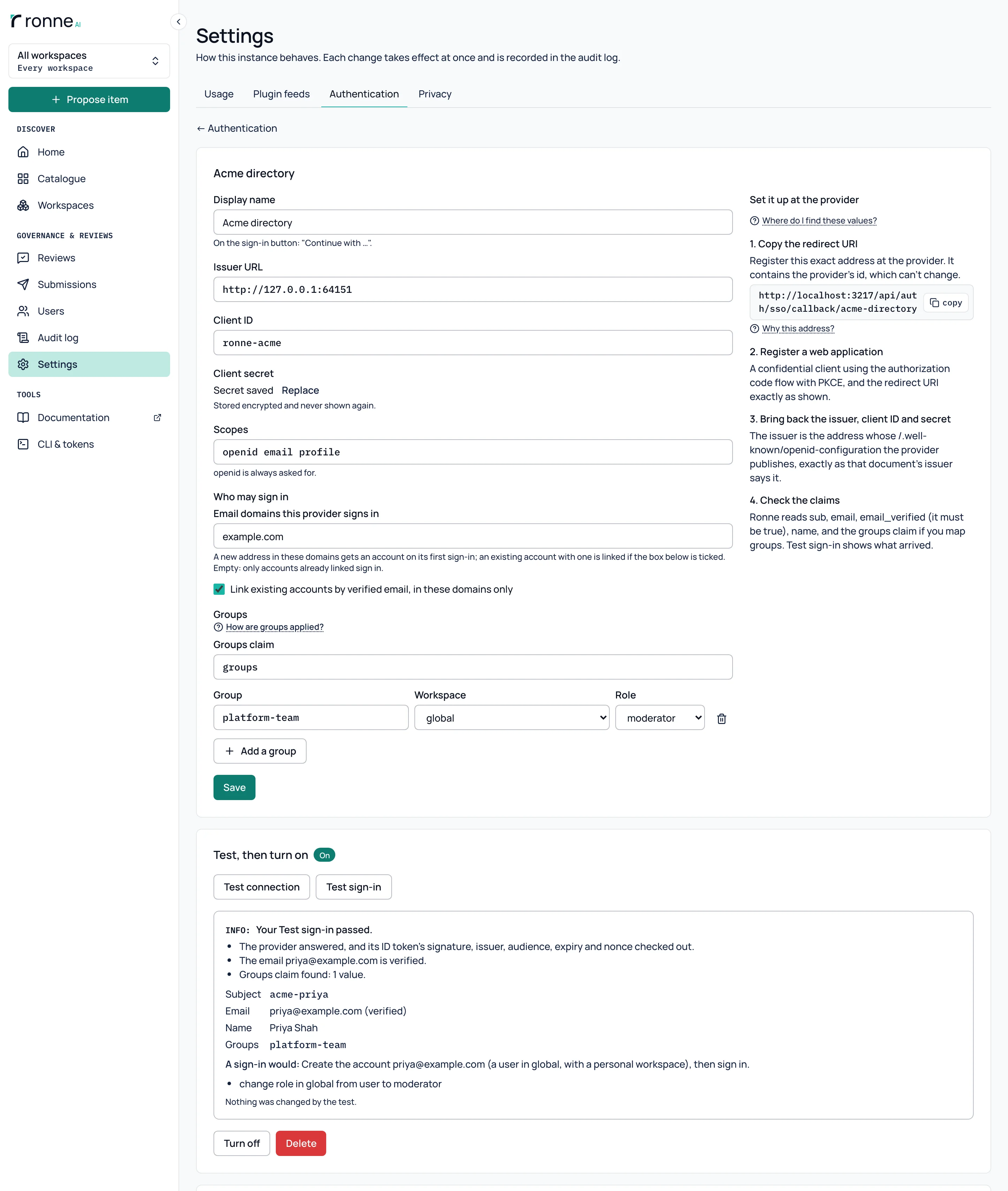 A página do provedor de identidade Acme directory: o emissor, o cliente e os domínios, um grupo mapeado para um papel em um espaço de trabalho, os passos para configurá-lo no provedor e um Test sign-in aprovado que mostra a conta que seria criada.