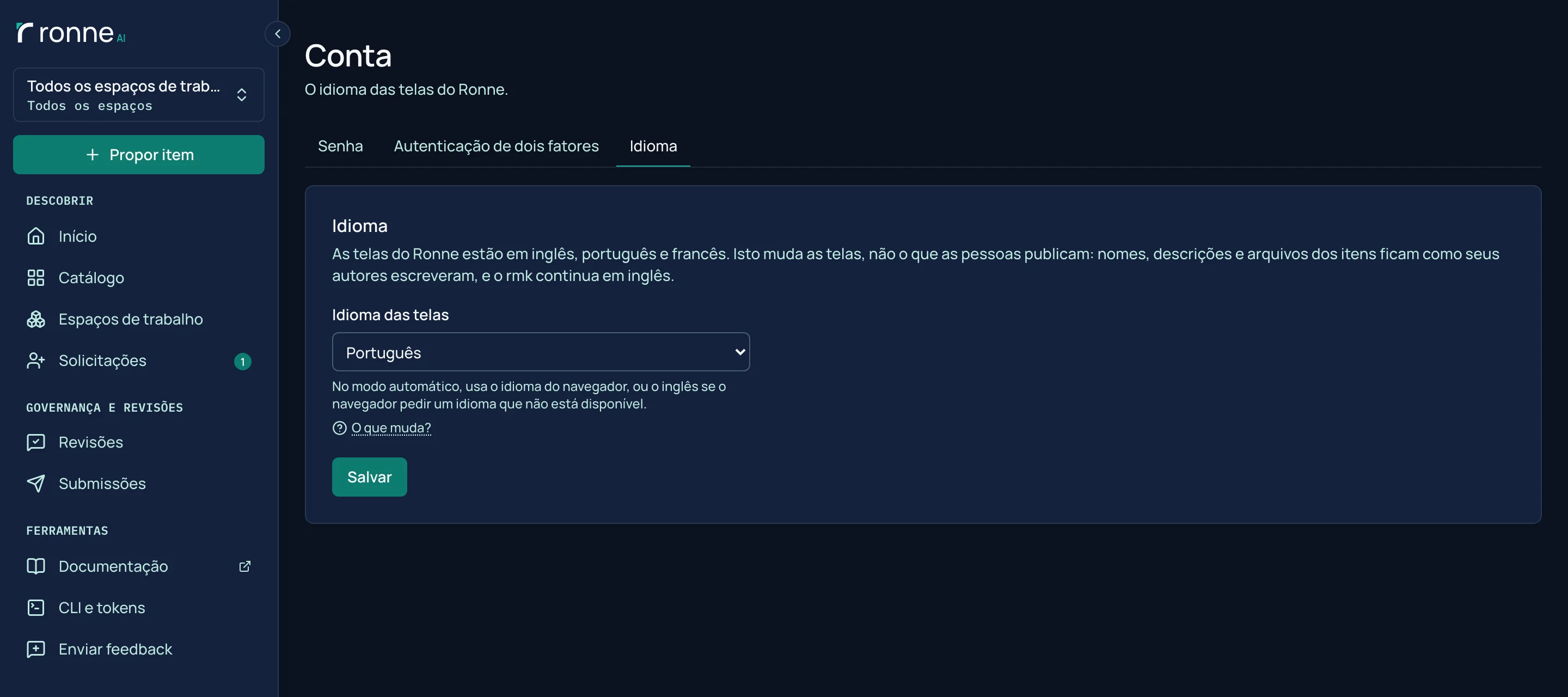 Compte › Langue, avec l'application en portugais : Automatique, English, Português et Français, chacun sous son propre nom.