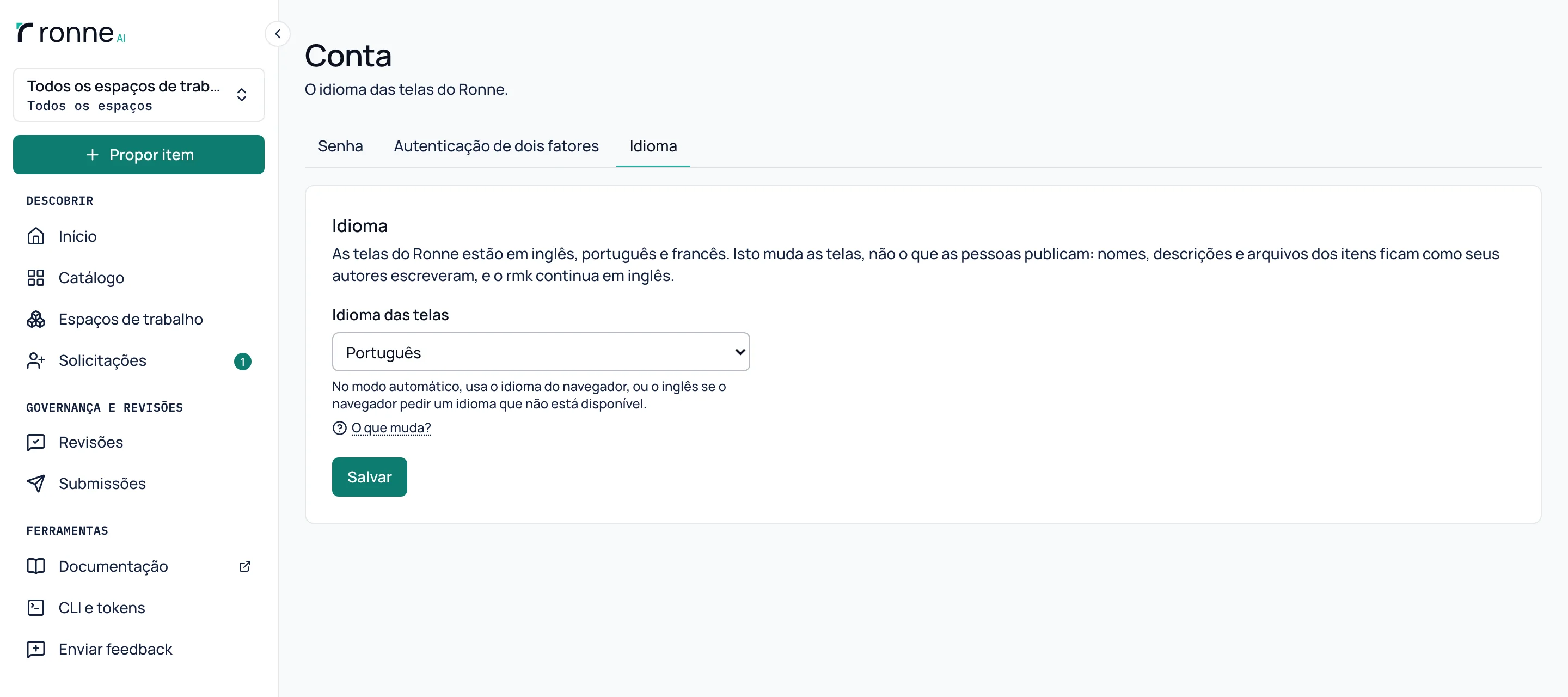 Compte › Langue, avec l'application en portugais : Automatique, English, Português et Français, chacun sous son propre nom.