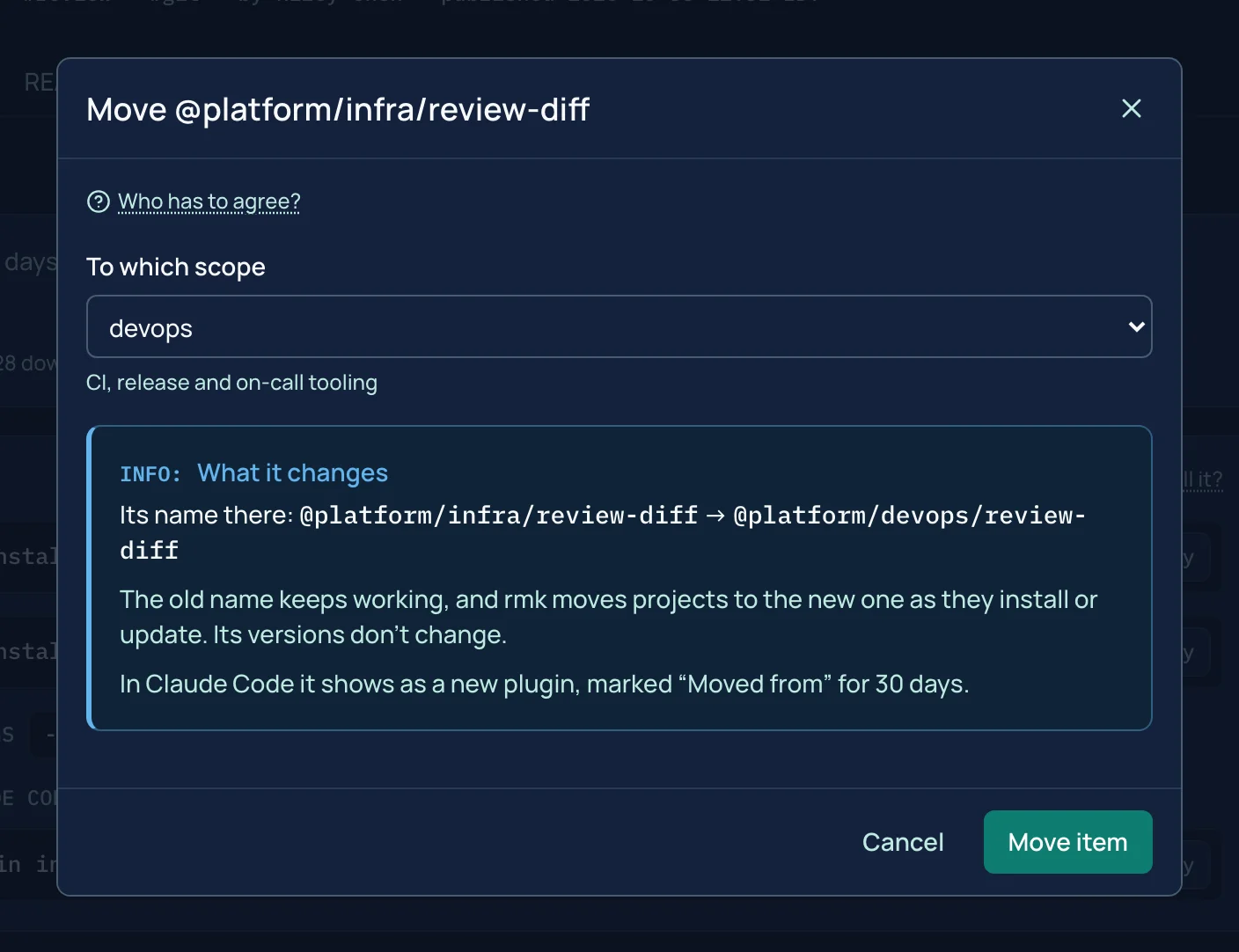 La boîte de dialogue Move sur la page d'un élément : la portée cible choisie et le nouveau nom de l'élément affiché avant son déplacement.