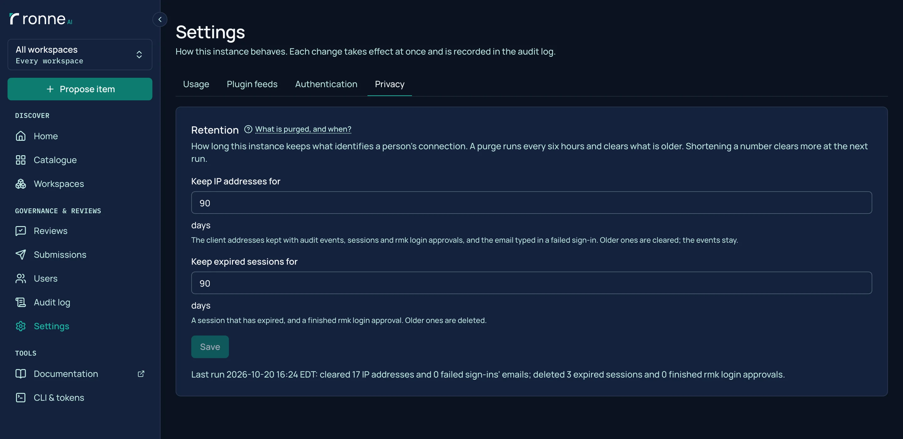 The Privacy tab of Settings: how many days to keep IP addresses and expired sessions, 90 by default.
