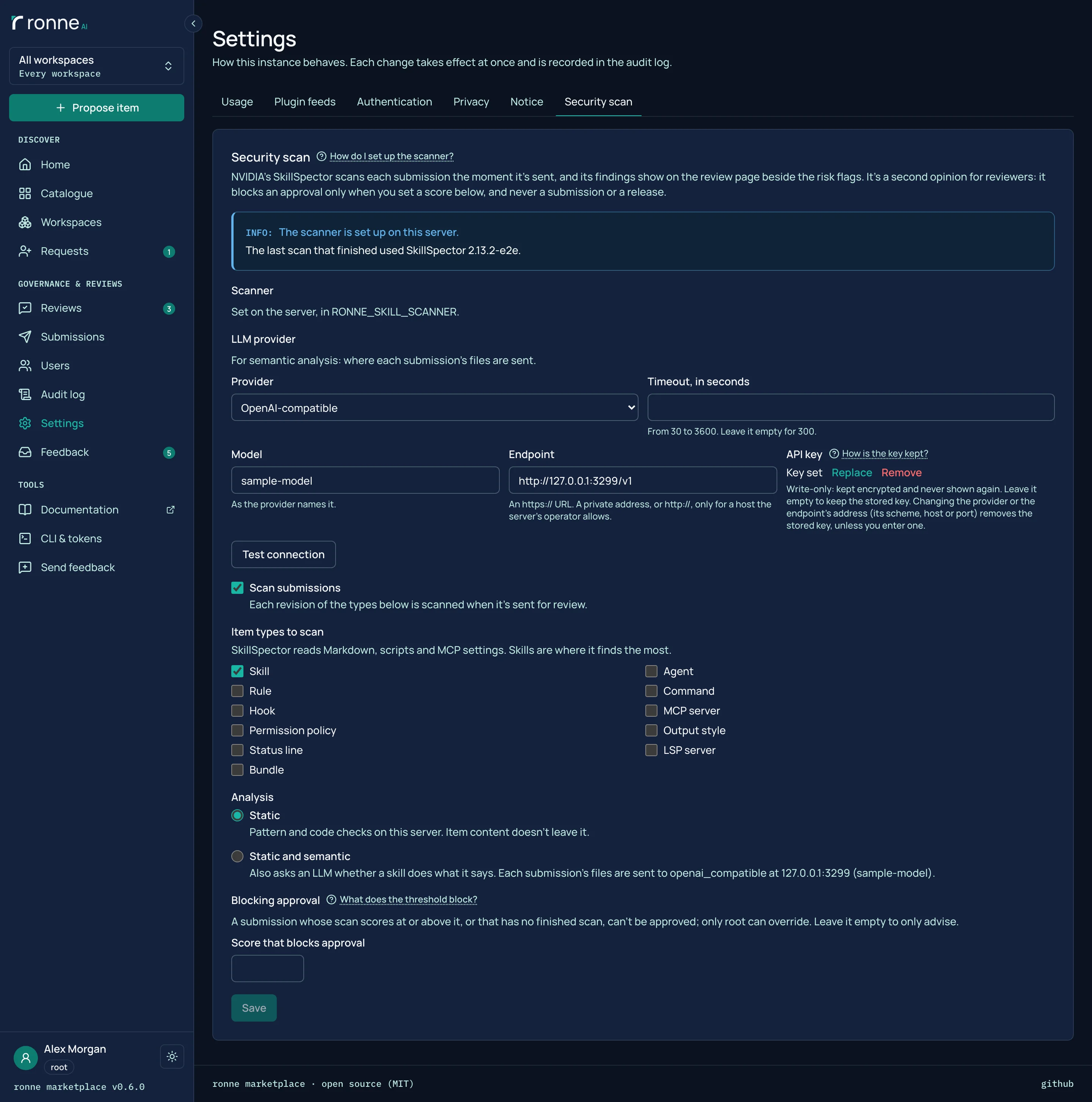 Admin › Settings › Security scan: the scan turned on for Skill items, the scanner ready, an LLM provider chosen and its API key shown only as Key set.