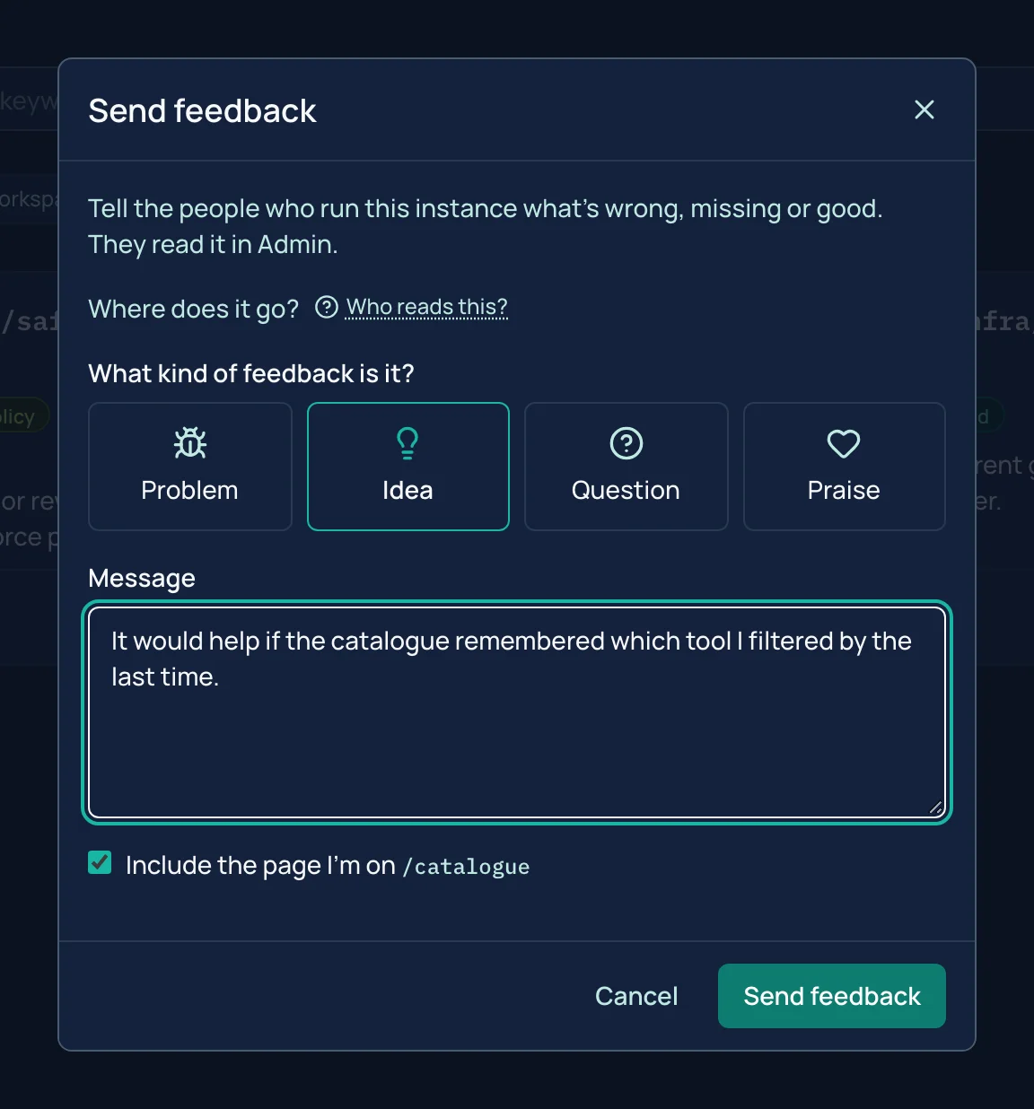 La boîte de dialogue Send feedback avec le type Idea choisi et un message saisi, et la case pour inclure la page cochée.