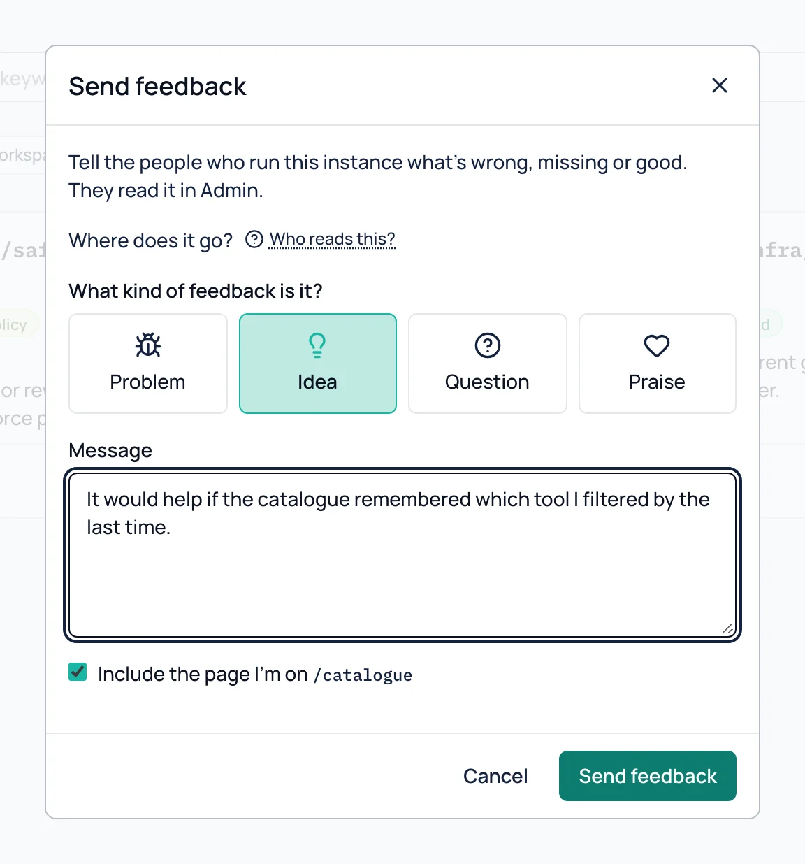 La boîte de dialogue Send feedback avec le type Idea choisi et un message saisi, et la case pour inclure la page cochée.
