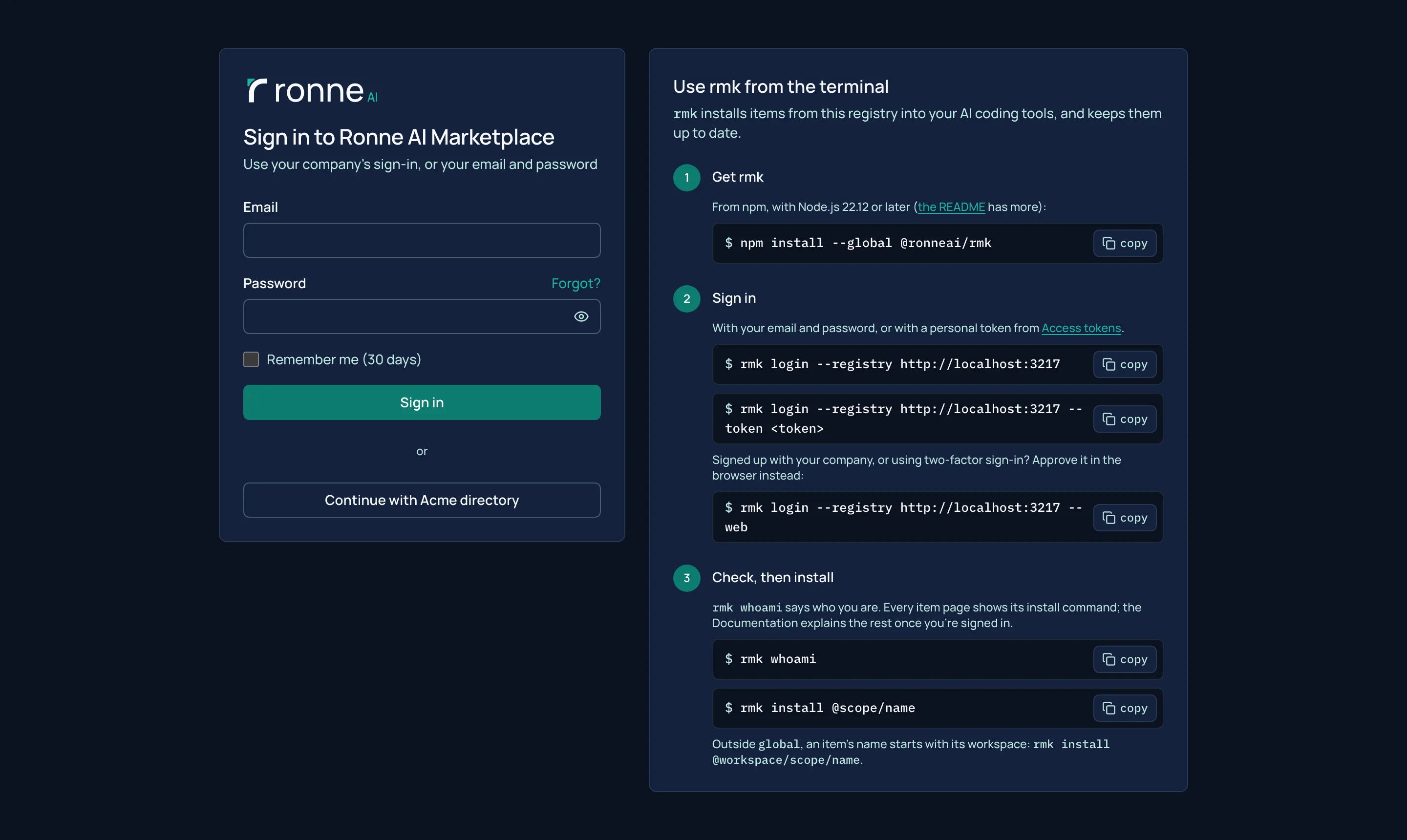 A página de login com o formulário de e-mail e senha e um botão Continue with Acme directory, ao lado dos passos para usar o rmk no terminal.