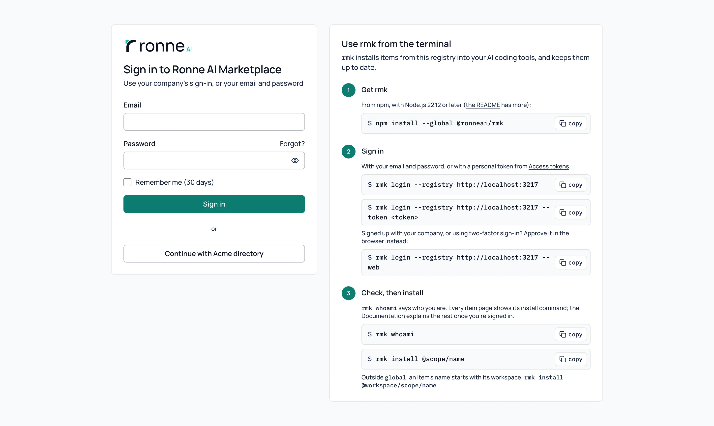 A página de login com o formulário de e-mail e senha e um botão Continue with Acme directory, ao lado dos passos para usar o rmk no terminal.