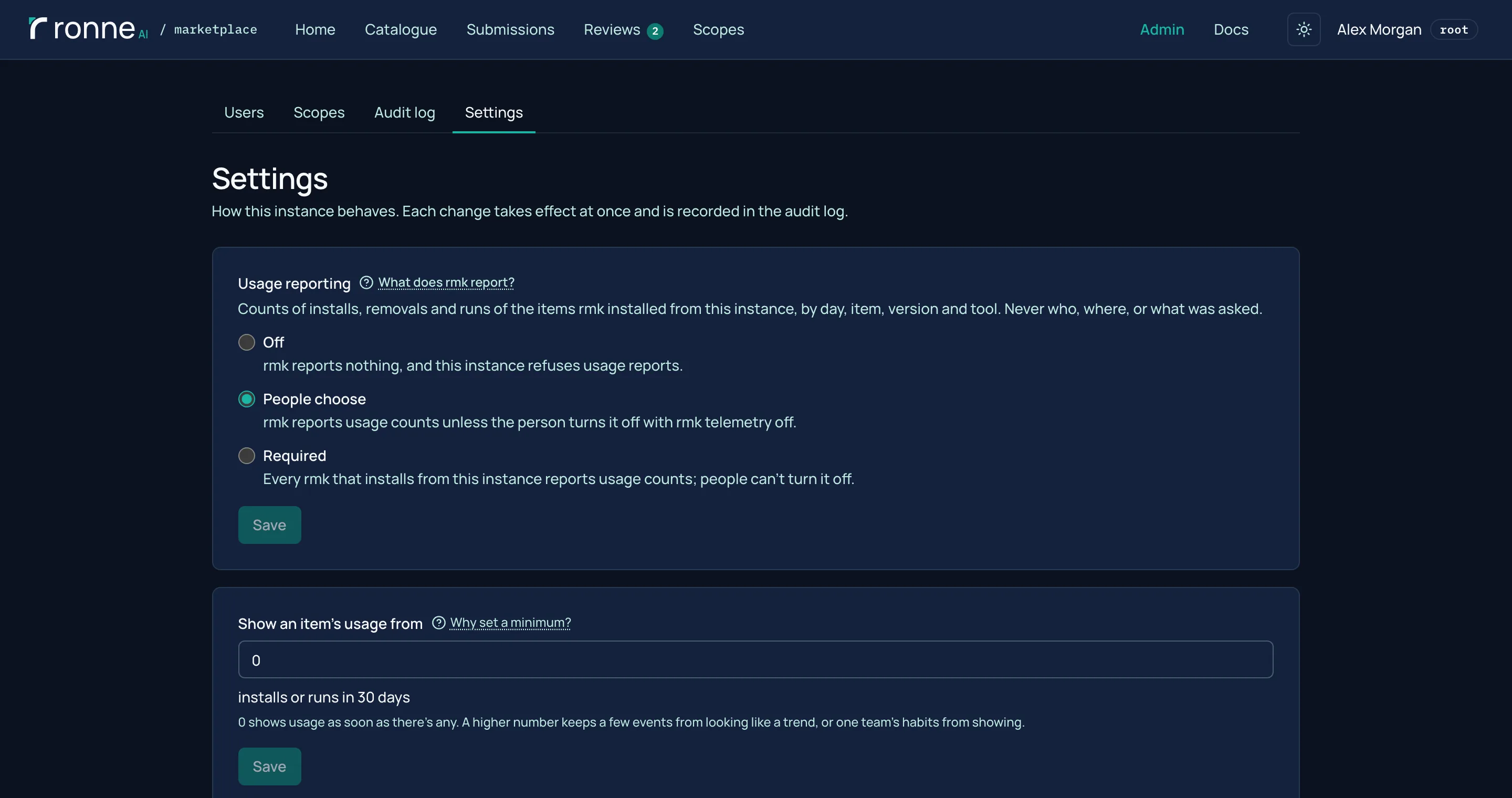 Admin settings, Usage reporting: Off, People choose (selected) or Required, and the minimum before an item's usage is shown.