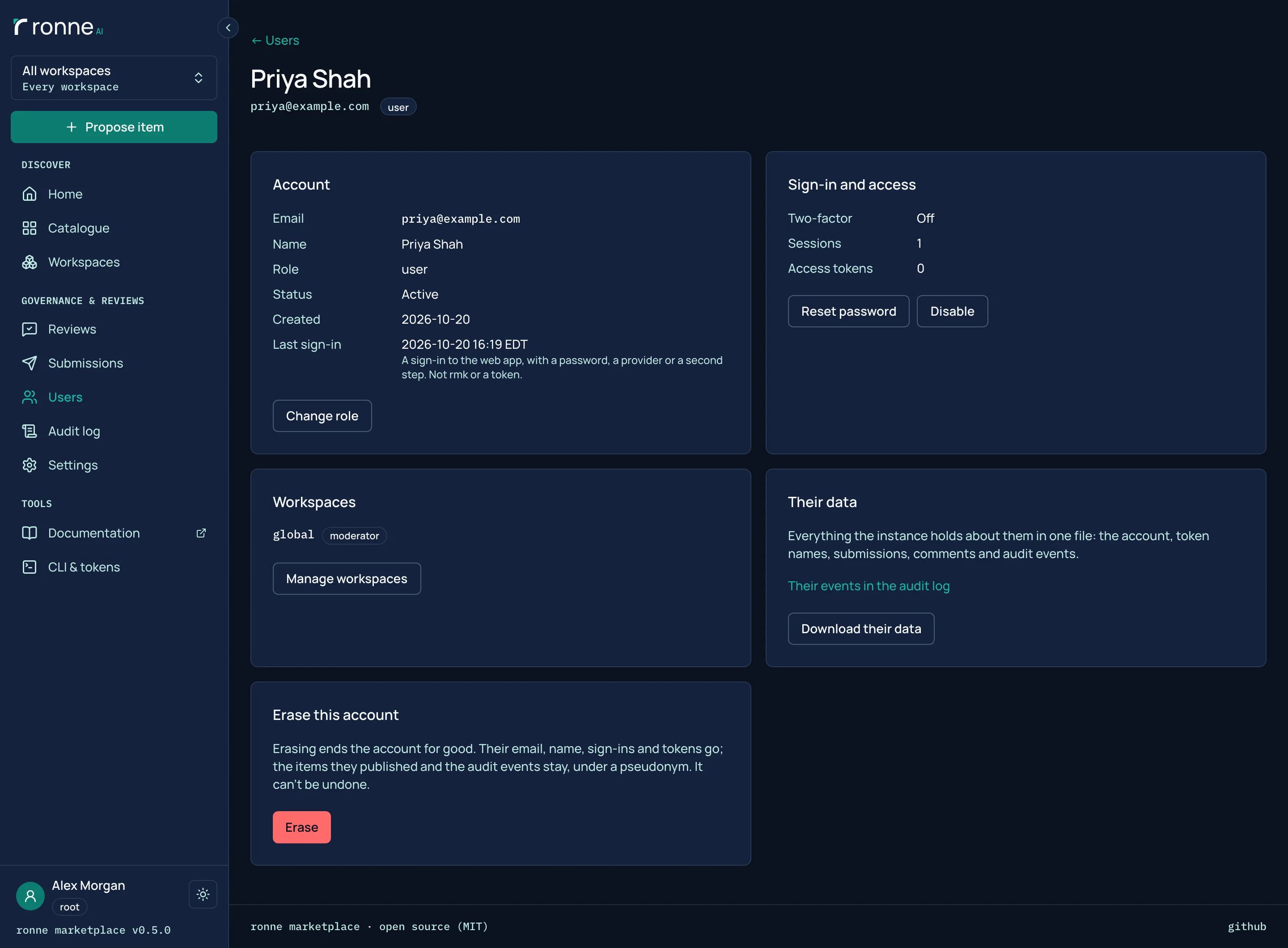 A person's page for root: account details with the last sign-in, sign-in and access, workspaces, their data, and Erase this account.