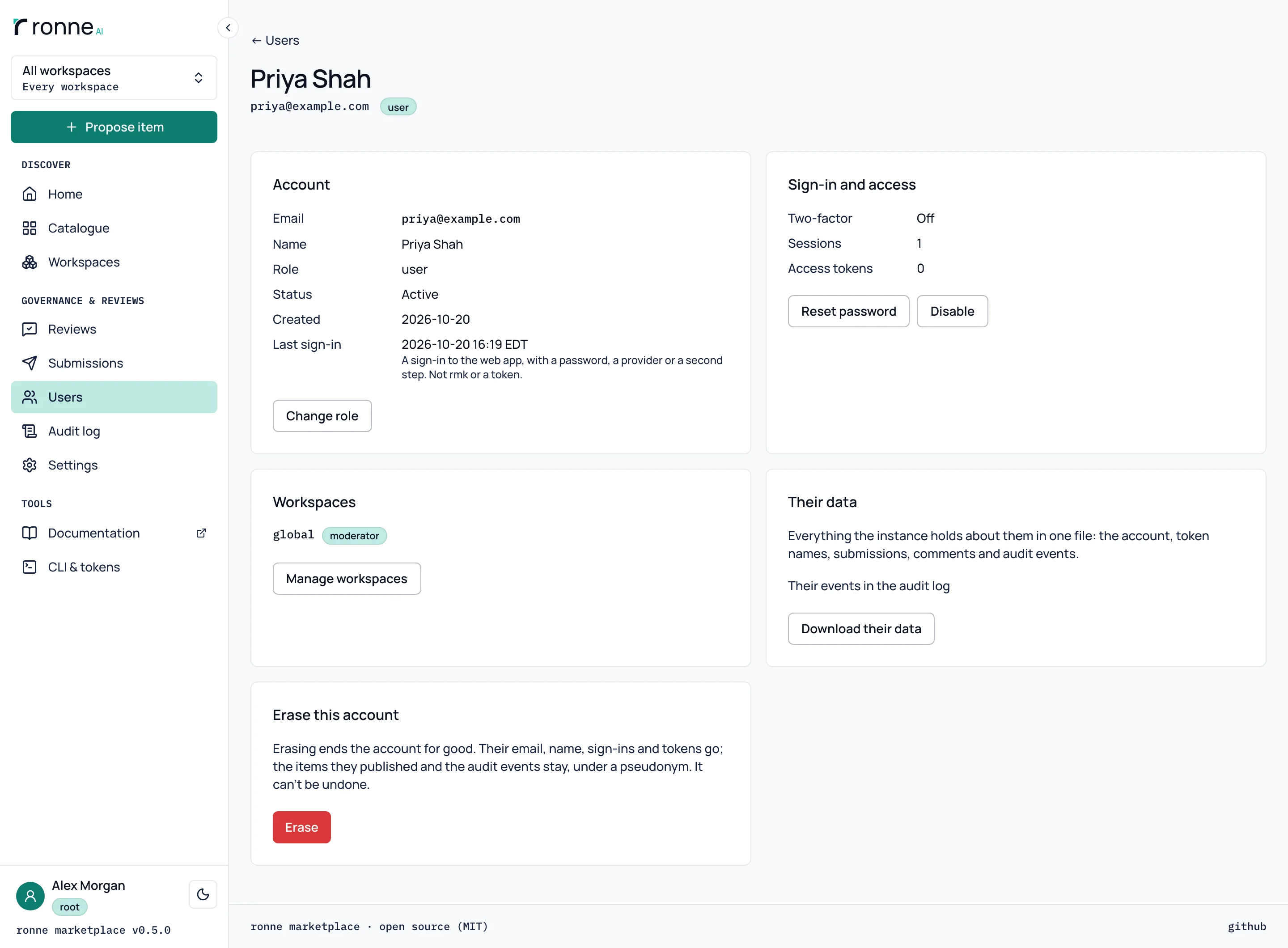 A person's page for root: account details with the last sign-in, sign-in and access, workspaces, their data, and Erase this account.