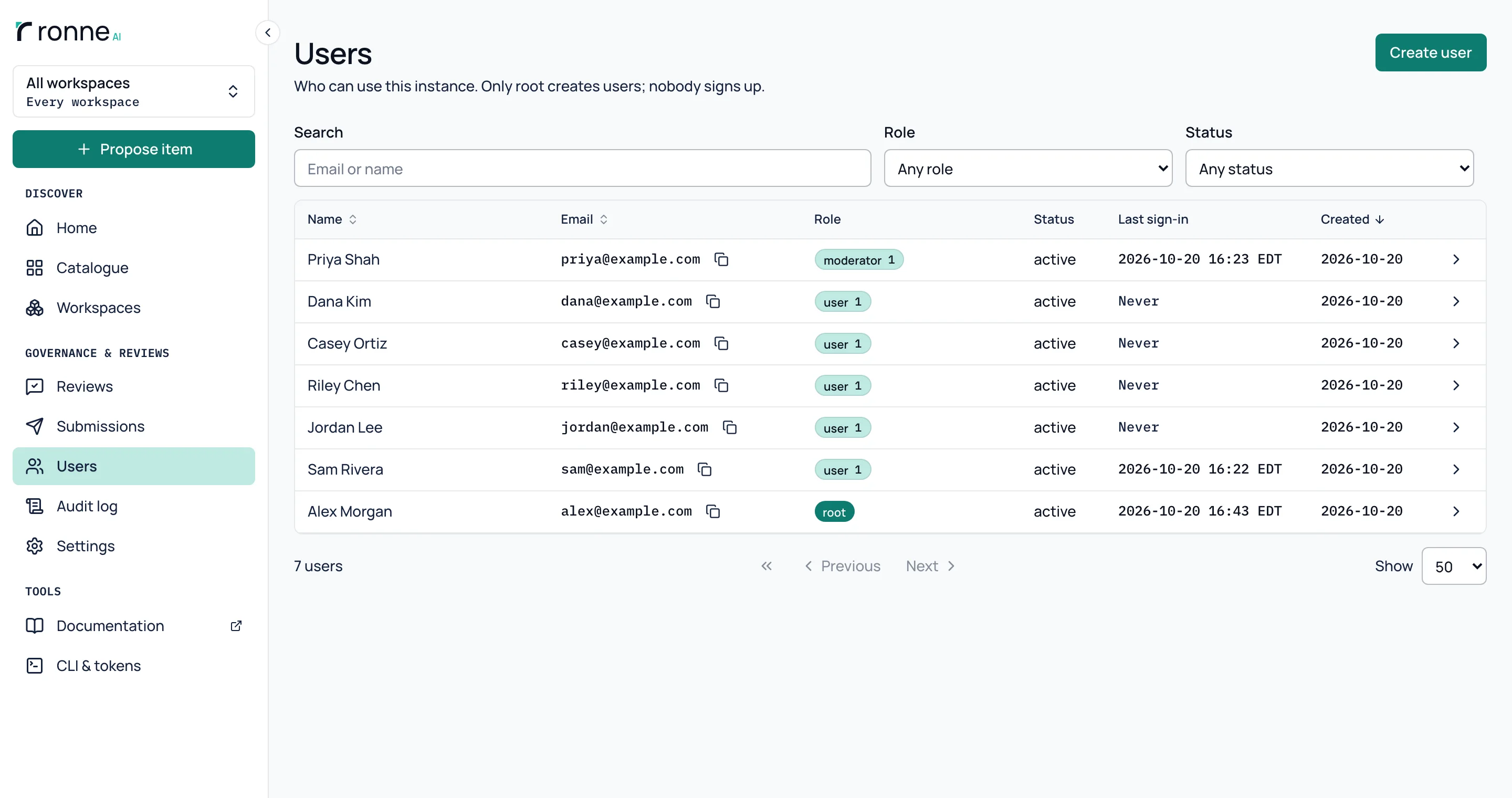 Root's list of users: name, email with a copy button, role, status, last sign-in and creation date.