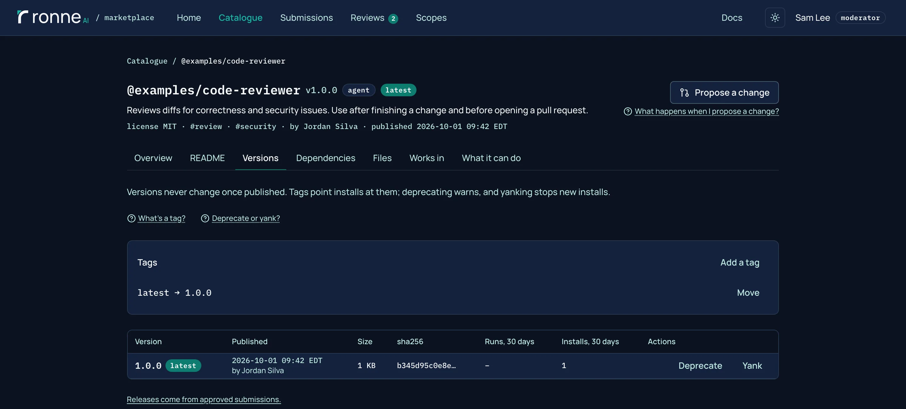 The Versions tab of @examples/code-reviewer: the latest tag pointing at 1.0.0, and the version with its size, sha256, installs, and the Deprecate and Yank actions.