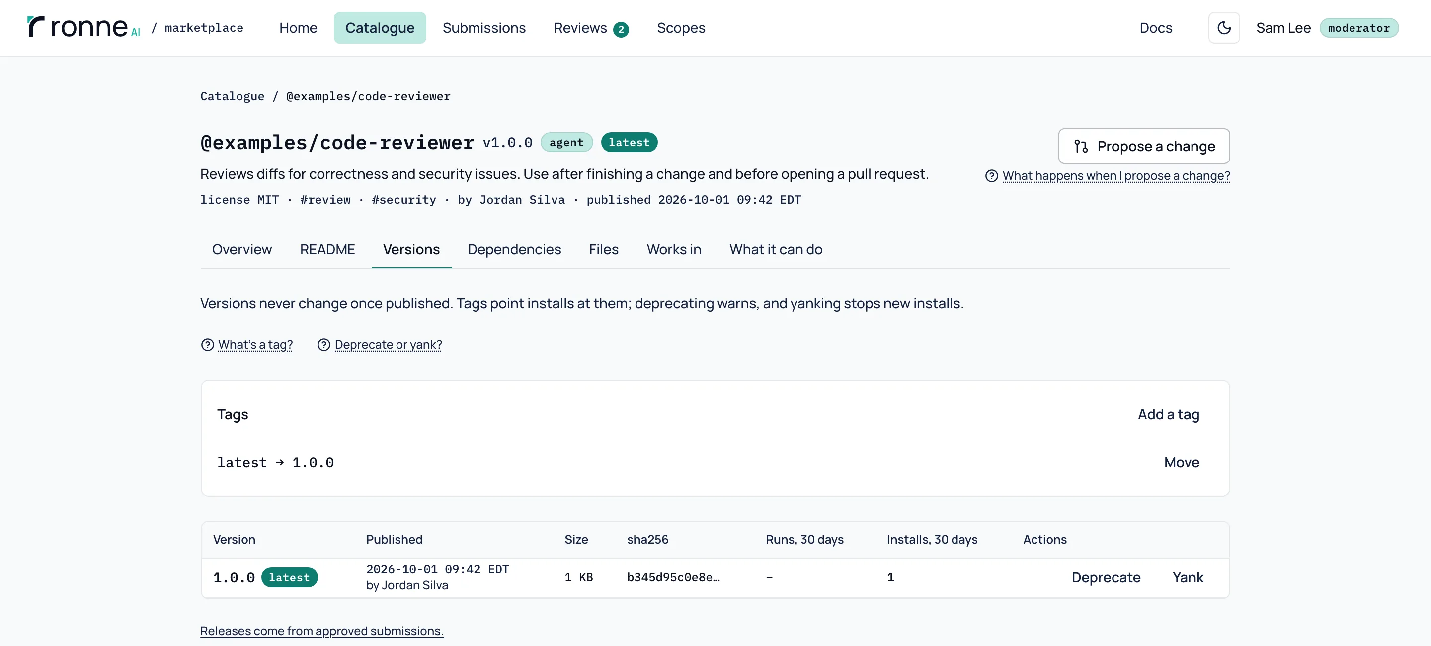 The Versions tab of @examples/code-reviewer: the latest tag pointing at 1.0.0, and the version with its size, sha256, installs, and the Deprecate and Yank actions.