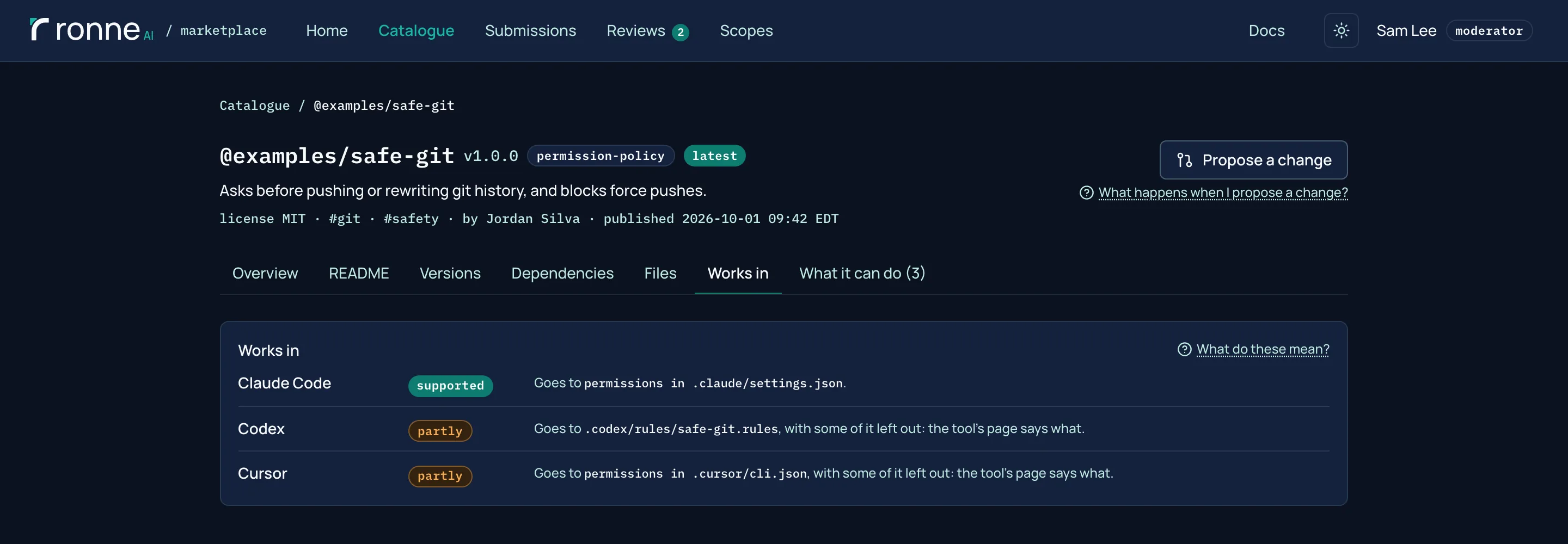 The Works in tab of the permission policy @examples/safe-git: supported in Claude Code, partly in Codex and Cursor, with where each tool's files go.
