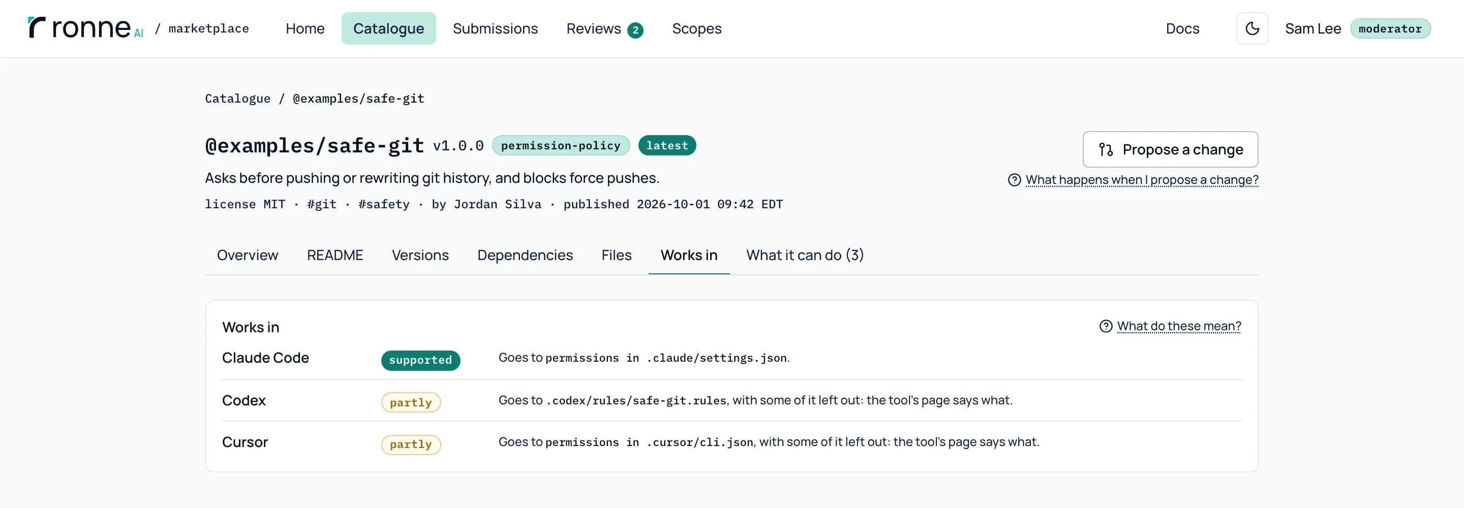 The Works in tab of the permission policy @examples/safe-git: supported in Claude Code, partly in Codex and Cursor, with where each tool's files go.