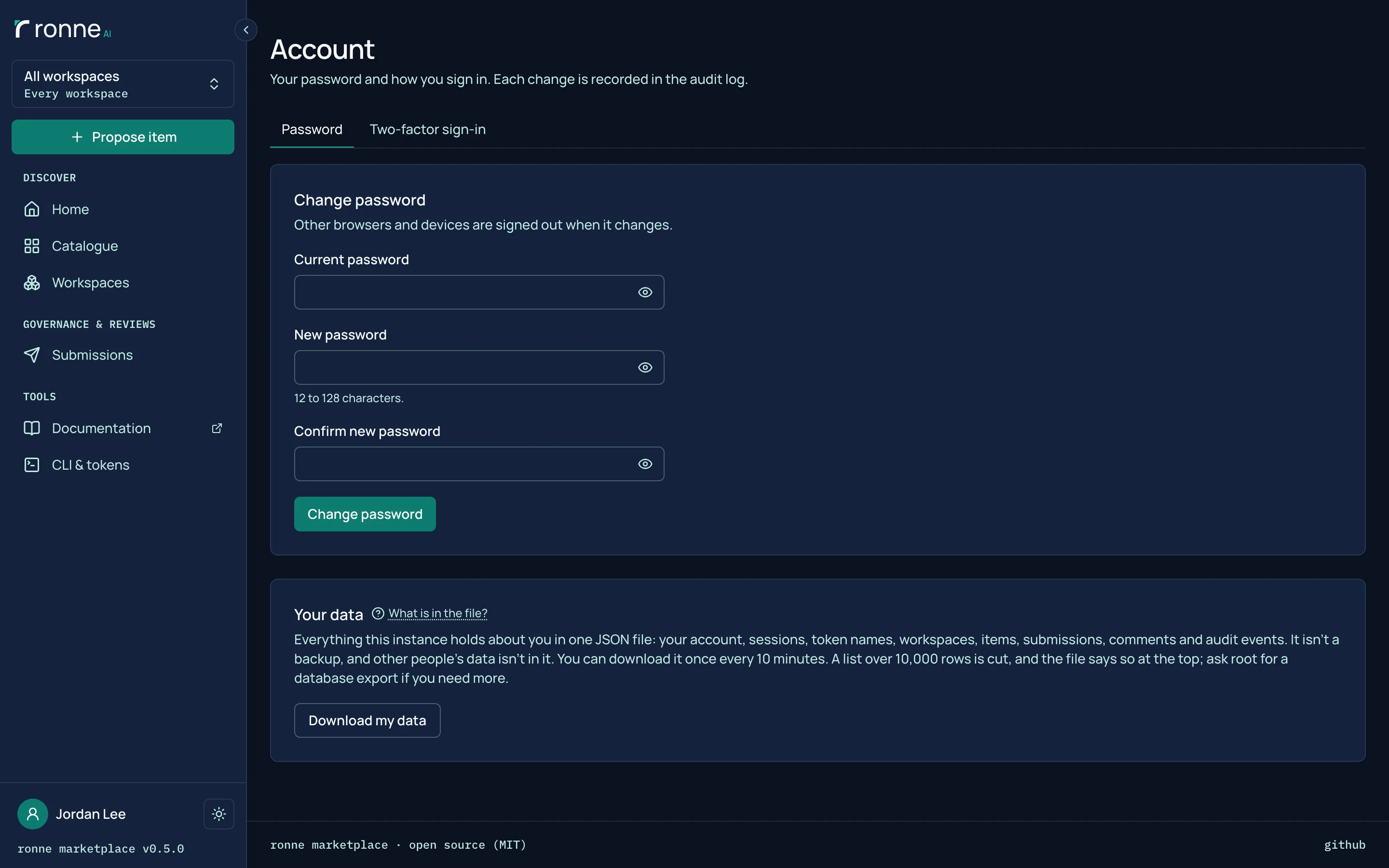The Account page, Password tab: the Change password form and, below it, Your data, with a Download my data button.