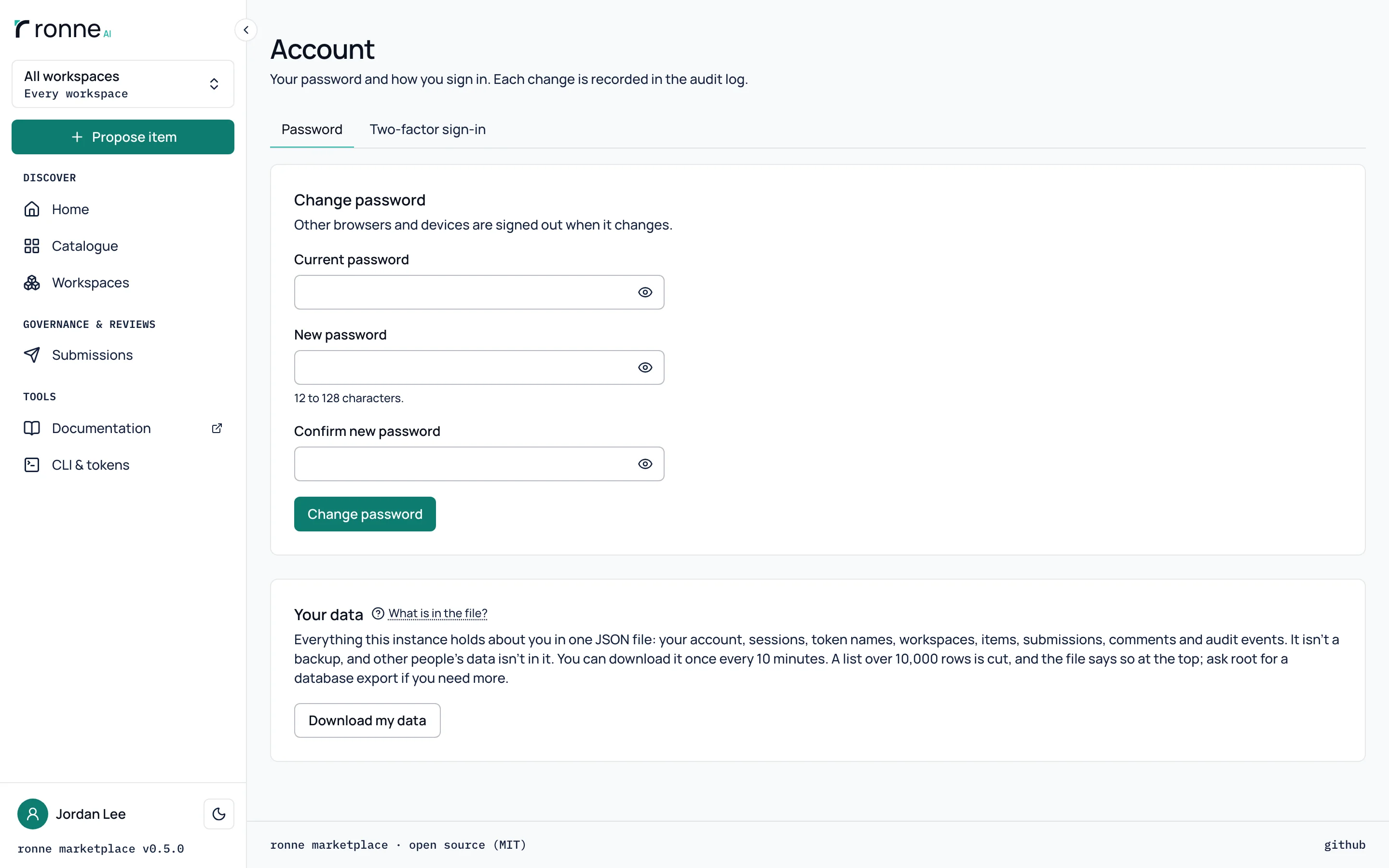 The Account page, Password tab: the Change password form and, below it, Your data, with a Download my data button.